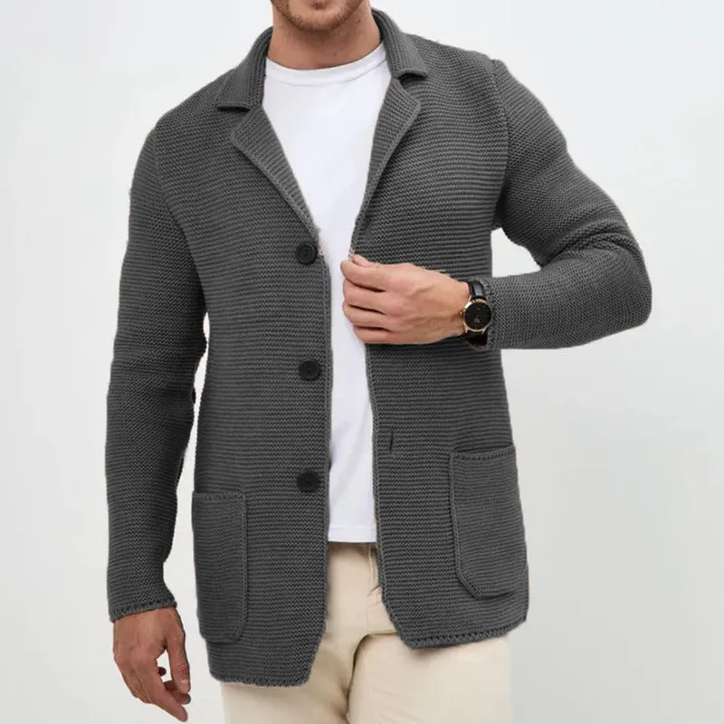 Men's knitted cardigan sweater jacket with lapel collar in black, slim fit long sleeve acrylic yarn winter wear