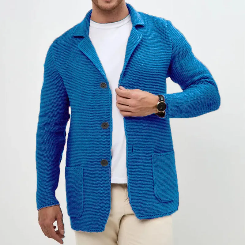 Men's knitted cardigan sweater jacket with lapel collar in black, slim fit long sleeve acrylic yarn winter wear