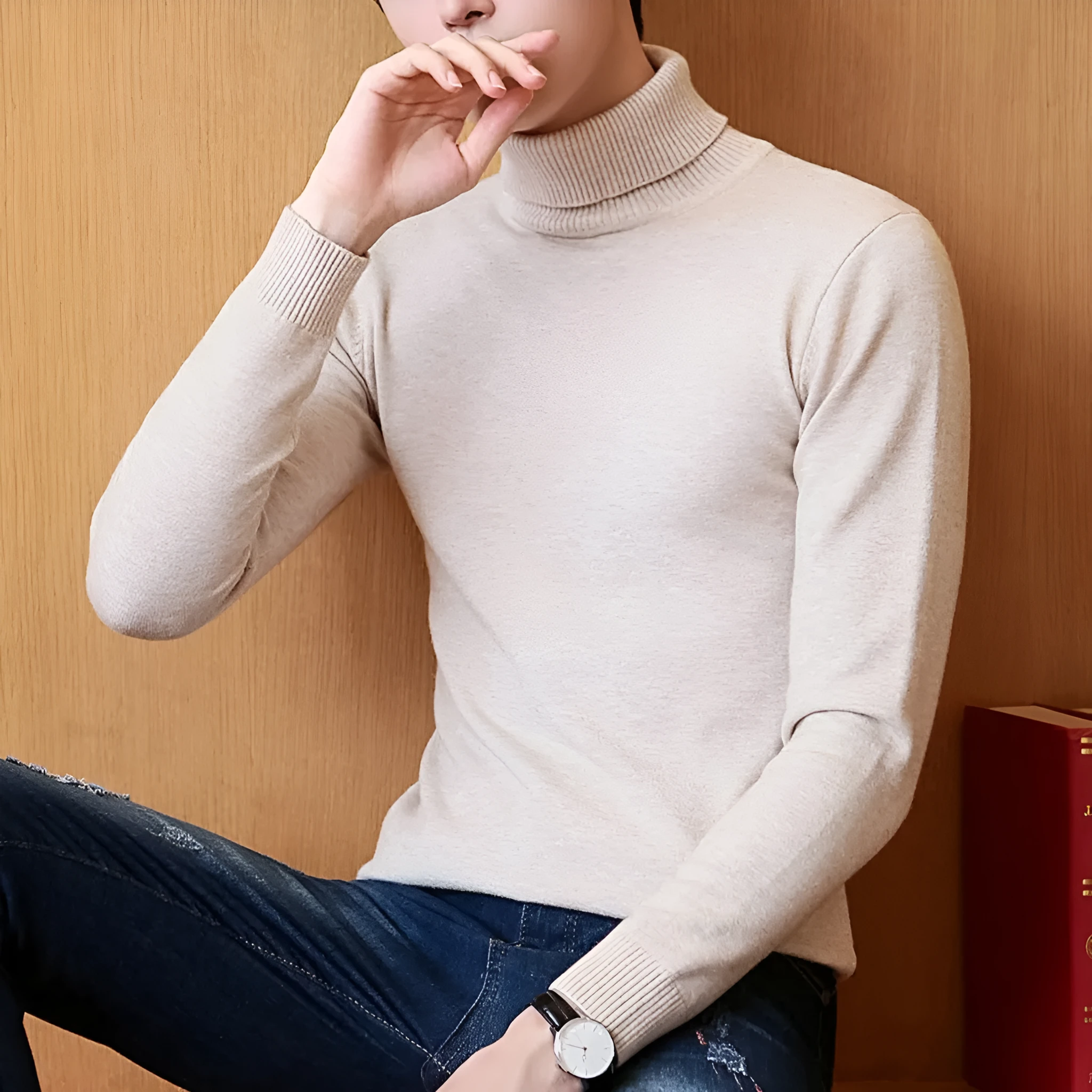 Men's plus size knitted turtleneck sweater in black, straight fit, high neck, long sleeves, winter casual wear
