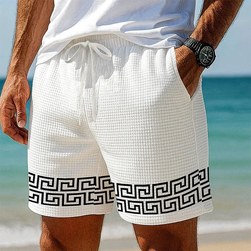 Summer men's American waffle loose shorts in white, polyester, sports style, sizes S-6XL