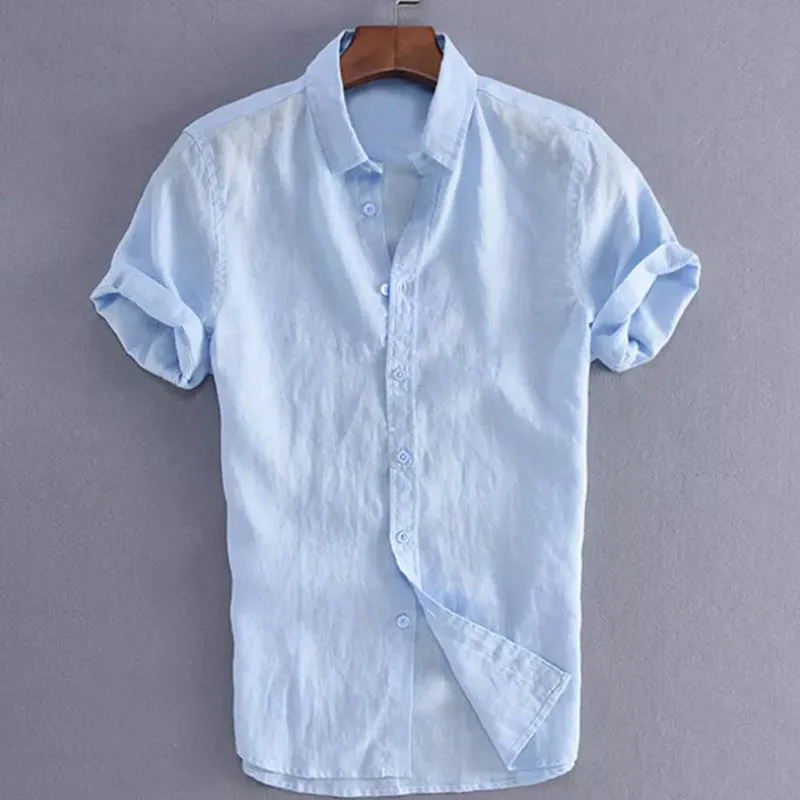 Men's hemp cotton ramie long sleeve casual button down shirt in beige, front view