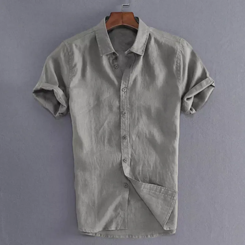 Men's hemp cotton ramie long sleeve casual button down shirt in beige, front view