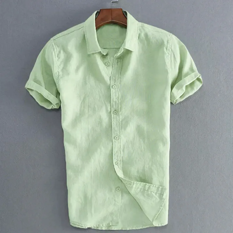 Men's hemp cotton ramie long sleeve casual button down shirt in beige, front view