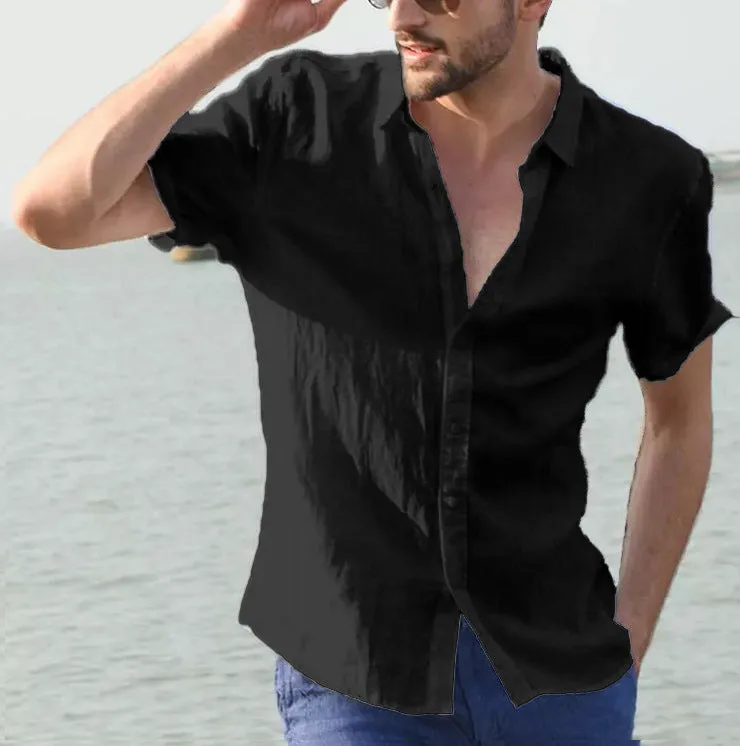 Men's hemp cotton ramie long sleeve casual button down shirt in beige, front view