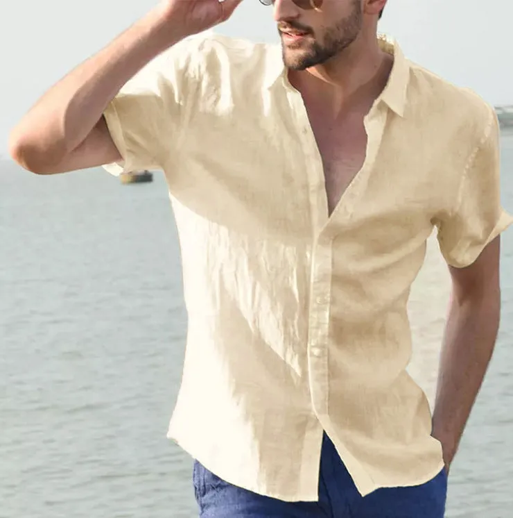 Men's hemp cotton ramie long sleeve casual button down shirt in beige, front view