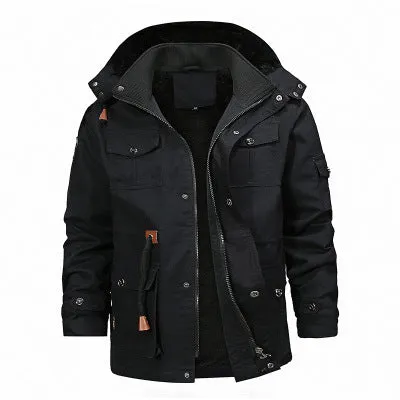 Long length pure cotton jacket with velvet lining, stand-up collar and hood in khaki green black colour options