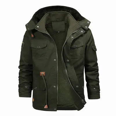 Long length pure cotton jacket with velvet lining, stand-up collar and hood in khaki green black colour options