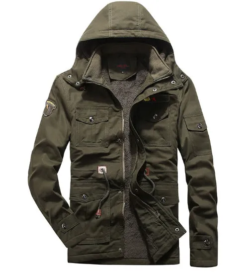 Long length pure cotton jacket with velvet lining, stand-up collar and hood in khaki green black colour options