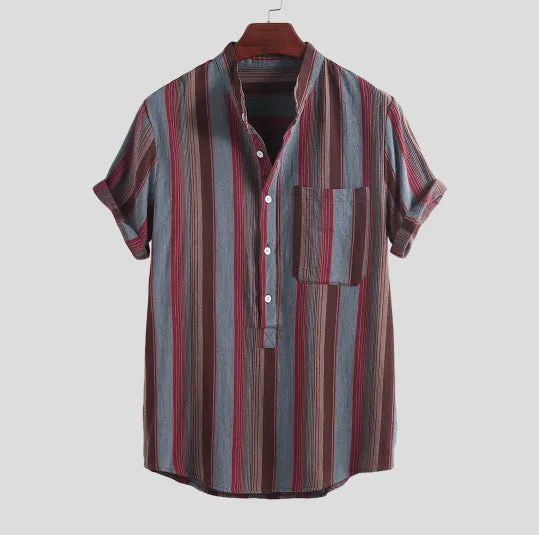 Men's cotton blended long sleeve striped shirt with stand-up collar in red, front view