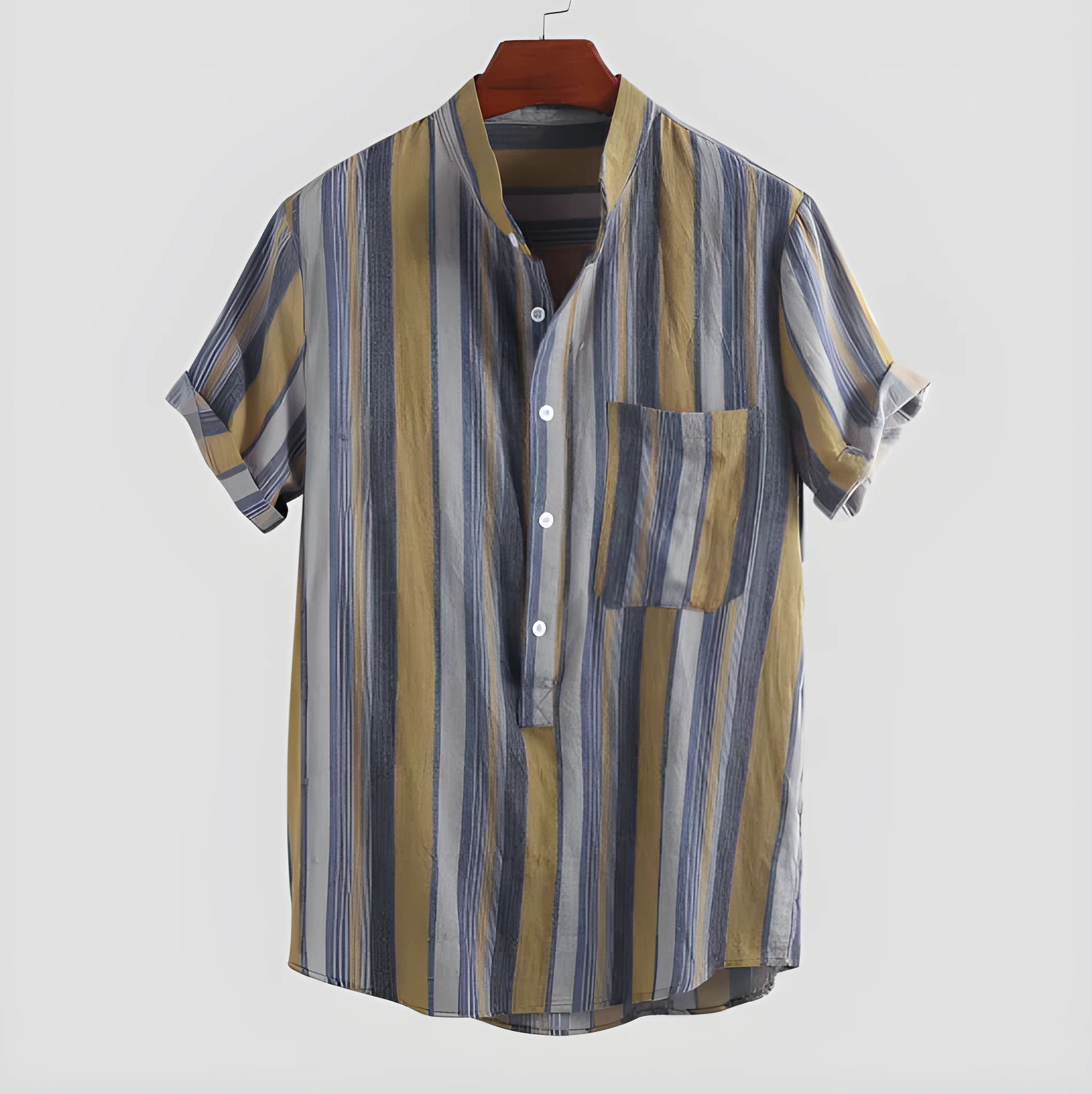 Men's cotton blended long sleeve striped shirt with stand-up collar in red, front view
