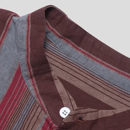 Men's cotton blended long sleeve striped shirt with stand-up collar in red, front view