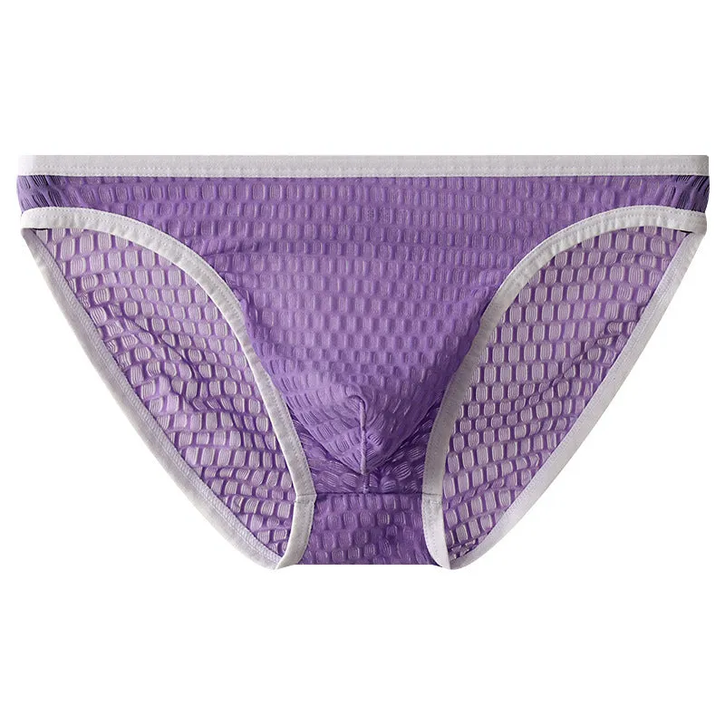 Men's low waist transparent visual lace underwear in multiple colours on a size chart