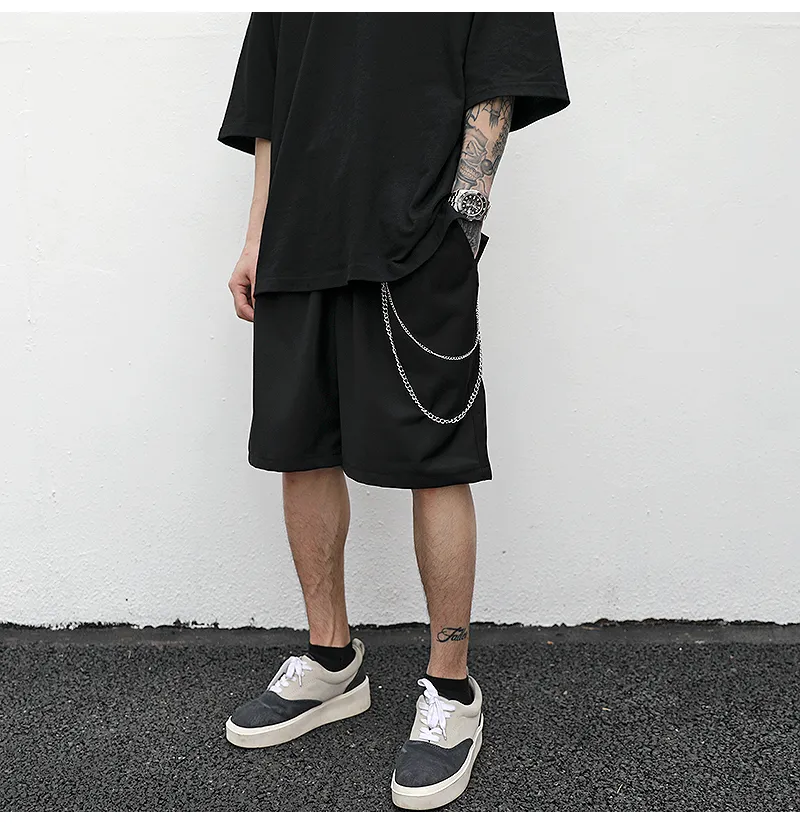 Black cotton trouser chain suit shorts for men with secure key chain, side view