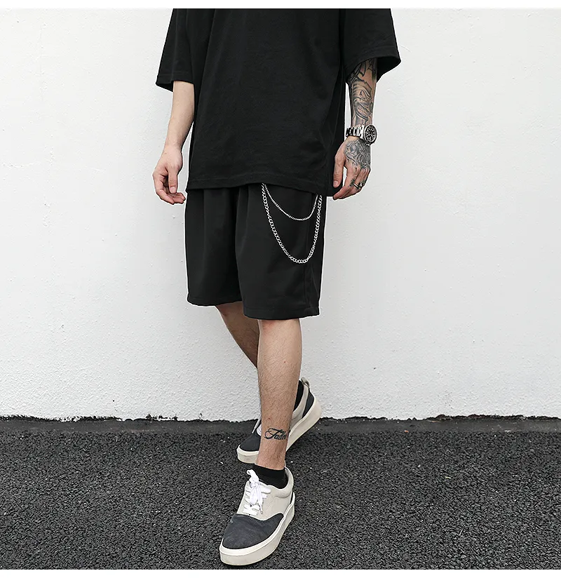 Black cotton trouser chain suit shorts for men with secure key chain, side view