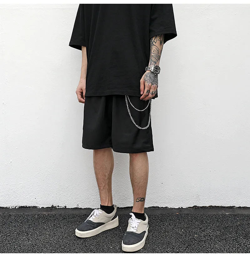 Black cotton trouser chain suit shorts for men with secure key chain, side view