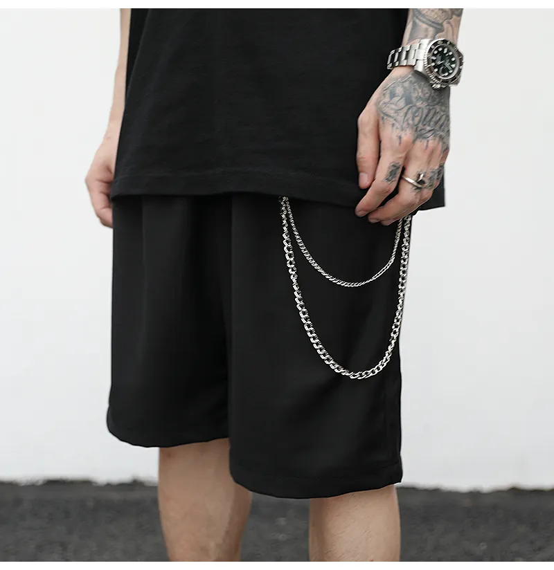 Black cotton trouser chain suit shorts for men with secure key chain, side view