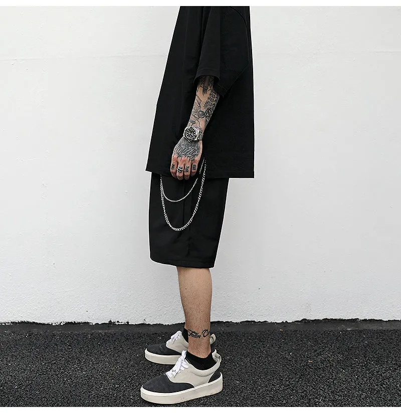 Black cotton trouser chain suit shorts for men with secure key chain, side view
