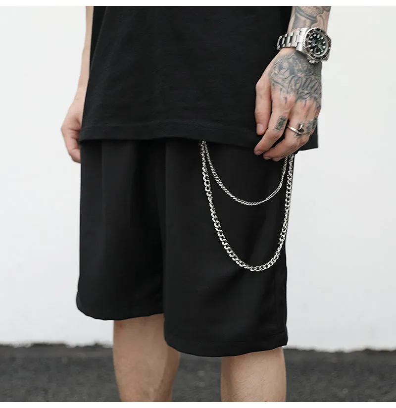 Black cotton trouser chain suit shorts for men with secure key chain, side view