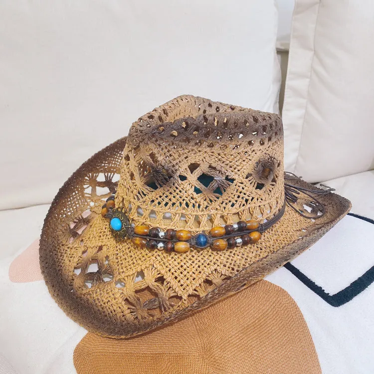 Straw hat for women in brown with satin weave and stitching details