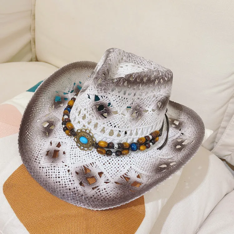 Straw hat for women in brown with satin weave and stitching details