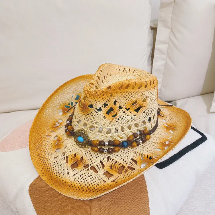 Straw hat for women in brown with satin weave and stitching details