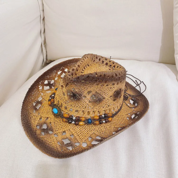Straw hat for women in brown with satin weave and stitching details
