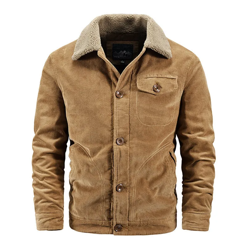 Men's corduroy cardigan coat loose fit single breasted front velvet lining army green