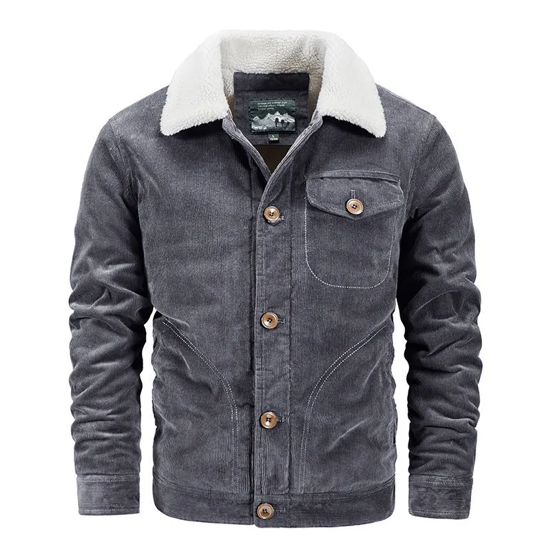 Men's corduroy cardigan coat loose fit single breasted front velvet lining army green
