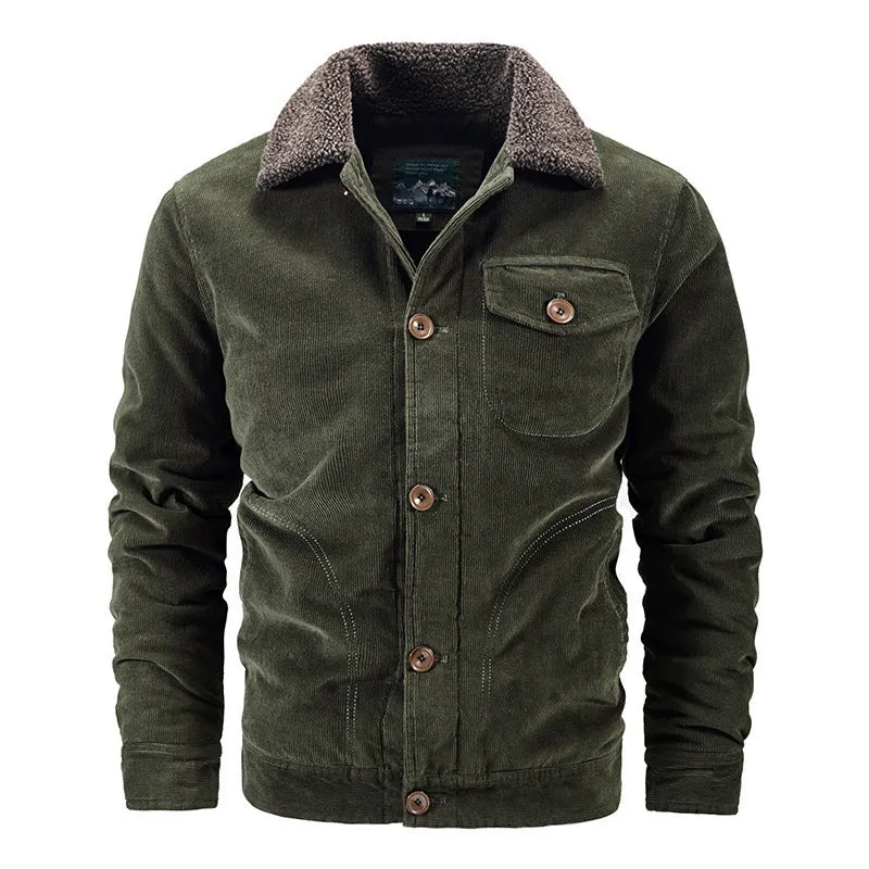 Men's corduroy cardigan coat loose fit single breasted front velvet lining army green