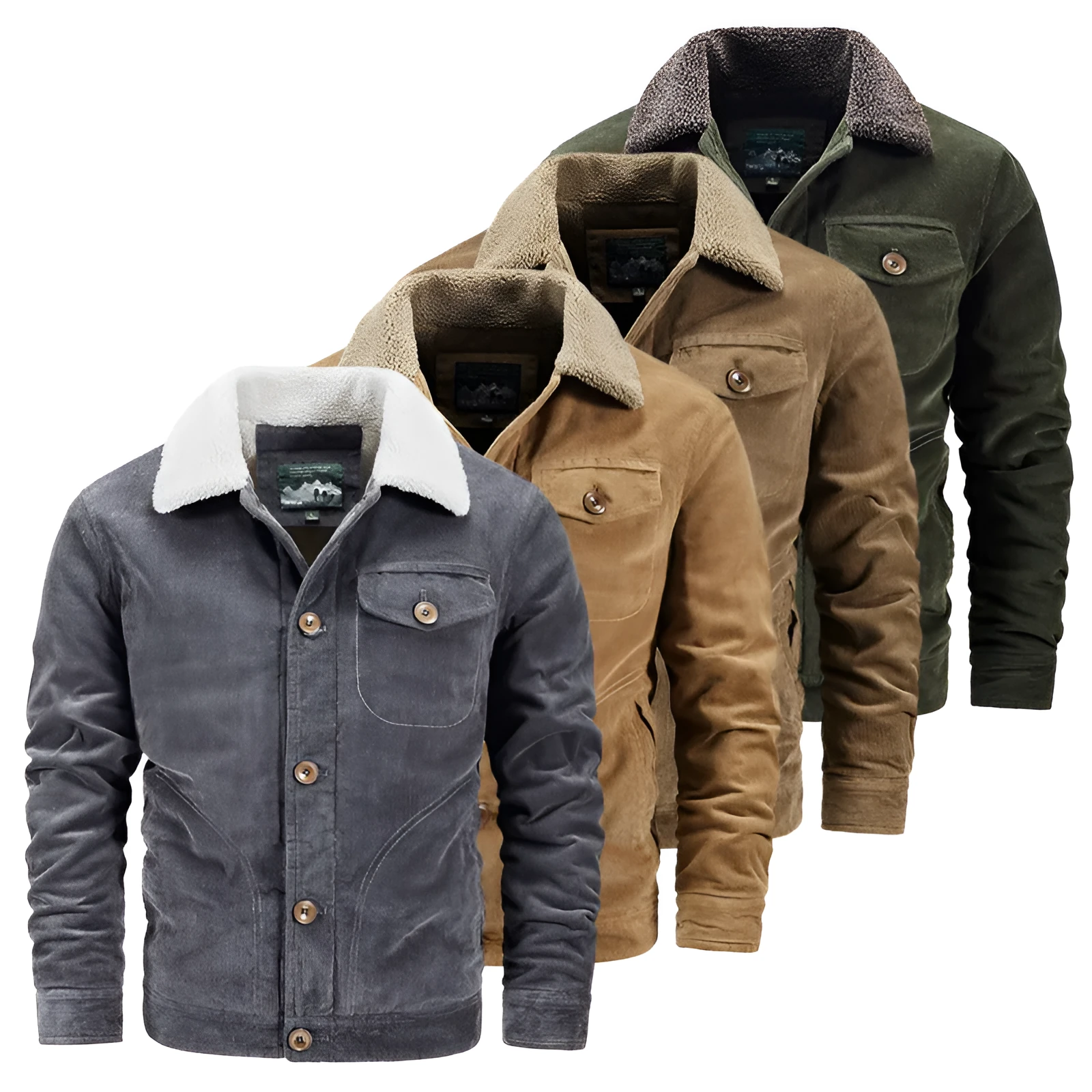 Men's corduroy cardigan coat loose fit single breasted front velvet lining army green
