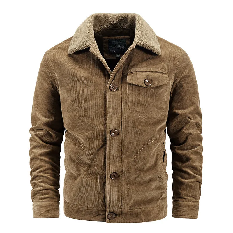 Men's corduroy cardigan coat loose fit single breasted front velvet lining army green