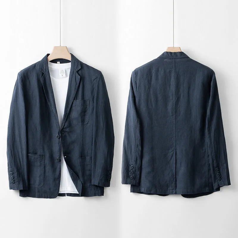 Men's linen casual jacket in solid colour with long sleeves and loose fit