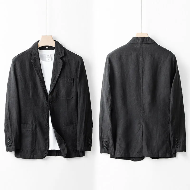 Men's linen casual jacket in solid colour with long sleeves and loose fit