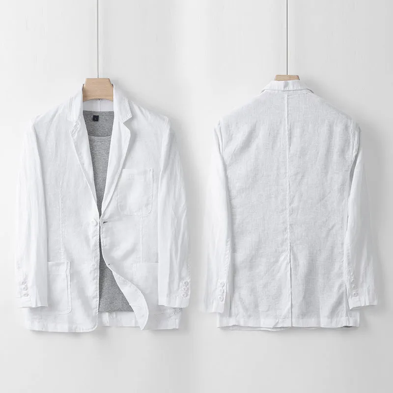 Men's linen casual jacket in solid colour with long sleeves and loose fit