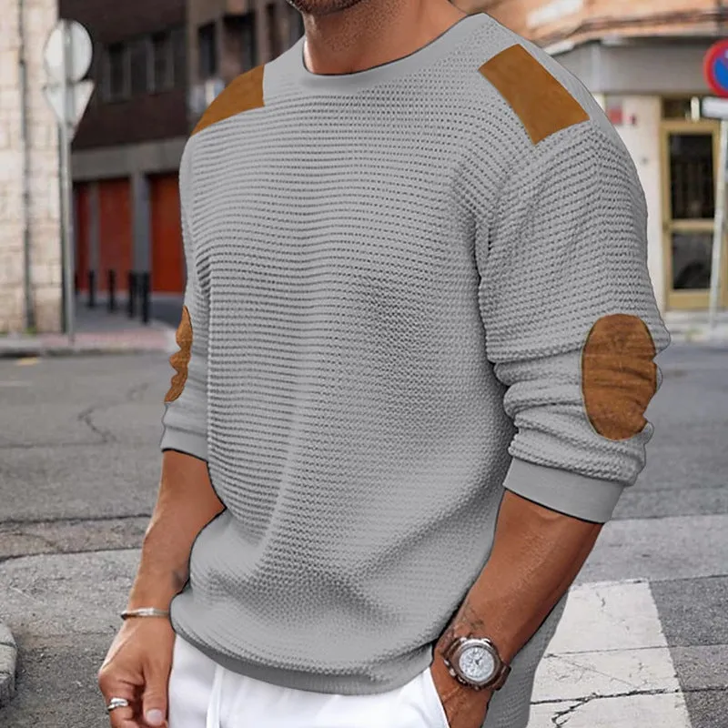 Men's round neck long sleeve acrylic knitwear pullover in slim fit, stitching detail, available in white black khaki gray