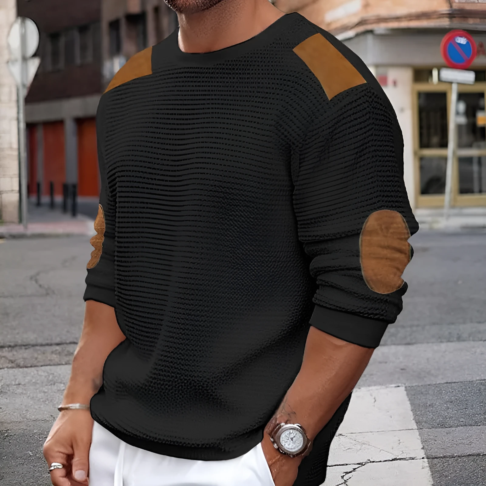 Men's round neck long sleeve acrylic knitwear pullover in slim fit, stitching detail, available in white black khaki gray