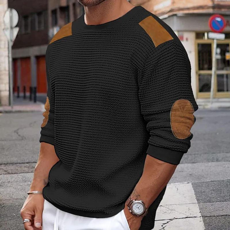 Men's round neck long sleeve acrylic knitwear pullover in slim fit, stitching detail, available in white black khaki gray