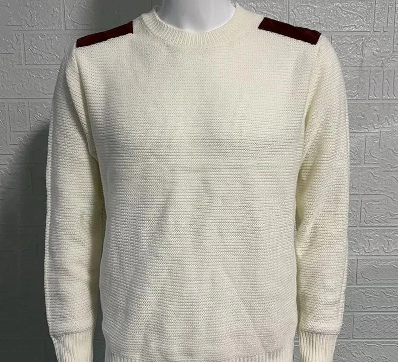 Men's round neck long sleeve acrylic knitwear pullover in slim fit, stitching detail, available in white black khaki gray
