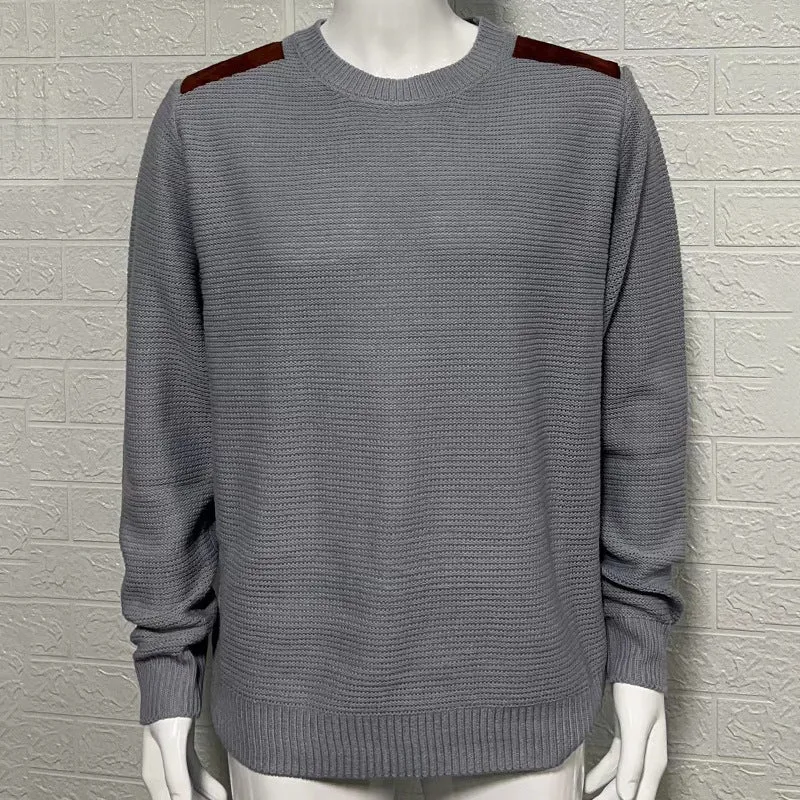 Men's round neck long sleeve acrylic knitwear pullover in slim fit, stitching detail, available in white black khaki gray