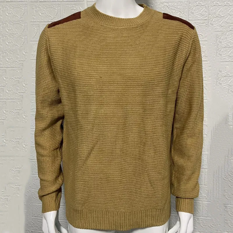 Men's round neck long sleeve acrylic knitwear pullover in slim fit, stitching detail, available in white black khaki gray