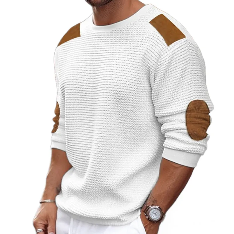Men's round neck long sleeve acrylic knitwear pullover in slim fit, stitching detail, available in white black khaki gray
