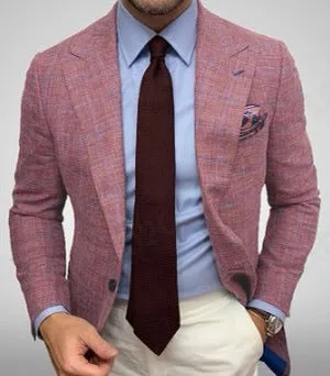 Men's slim fit plaid lapel long sleeve suit coat in blue plaid - polyester woolen business jacket