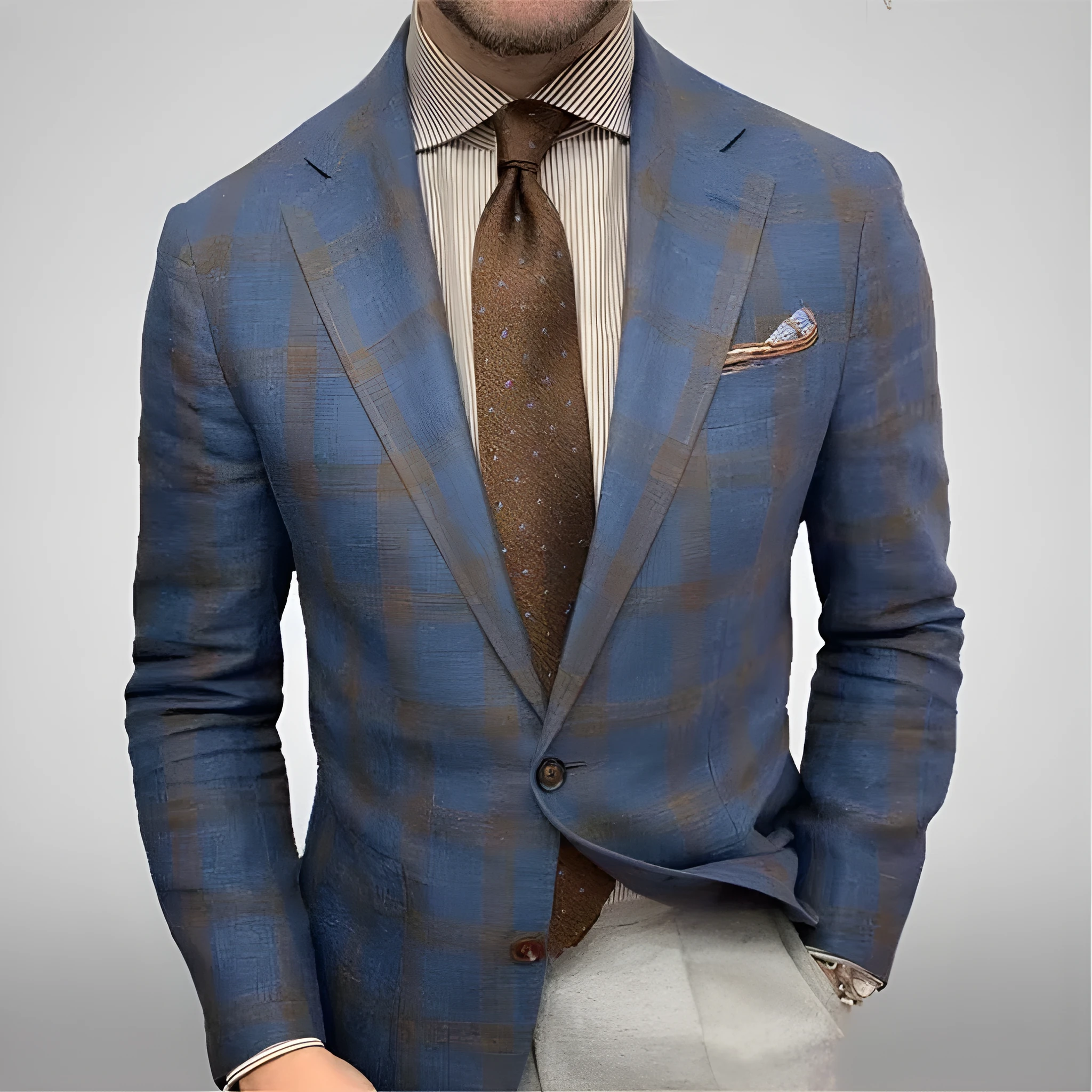 Men's slim fit plaid lapel long sleeve suit coat in blue plaid - polyester woolen business jacket