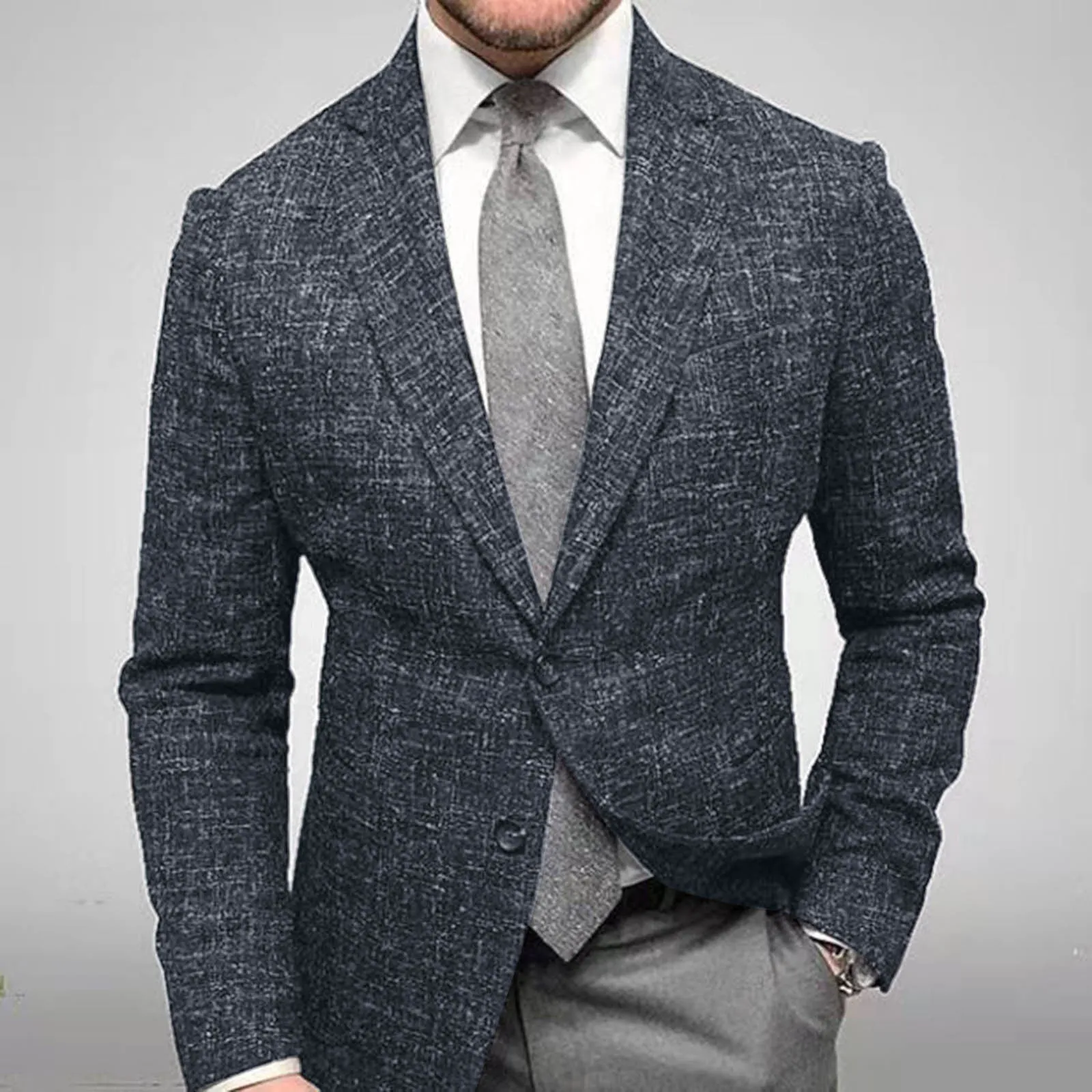 Men's slim fit plaid lapel long sleeve suit coat in blue plaid - polyester woolen business jacket