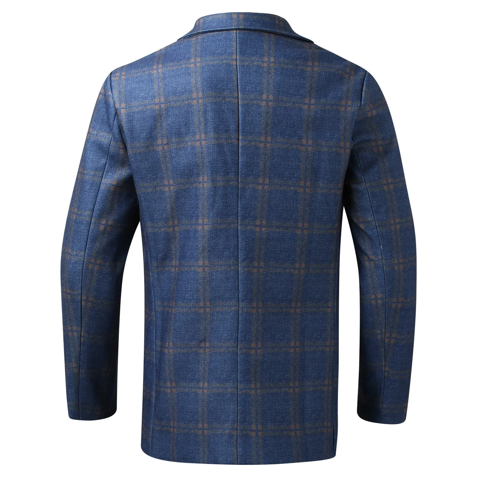 Men's slim fit plaid lapel long sleeve suit coat in blue plaid - polyester woolen business jacket