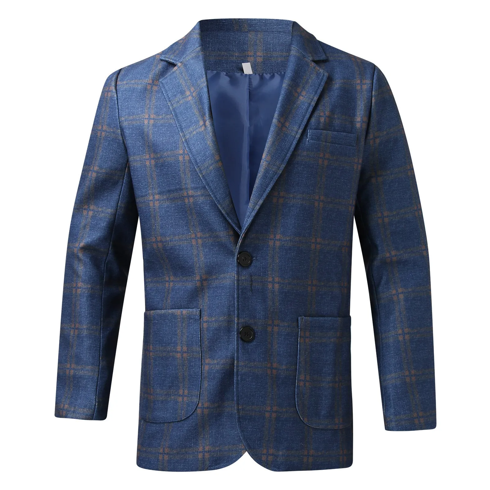 Men's slim fit plaid lapel long sleeve suit coat in blue plaid - polyester woolen business jacket
