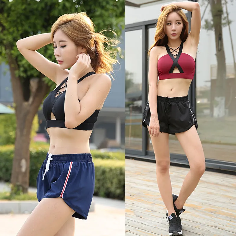 Striped sports yoga shorts in polyester fibre, available in Black, Navy Blue, and White, sizes S to XL