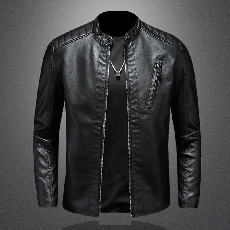 Men's plus size PU leather jacket with stand collar and zipper pockets in black, front view