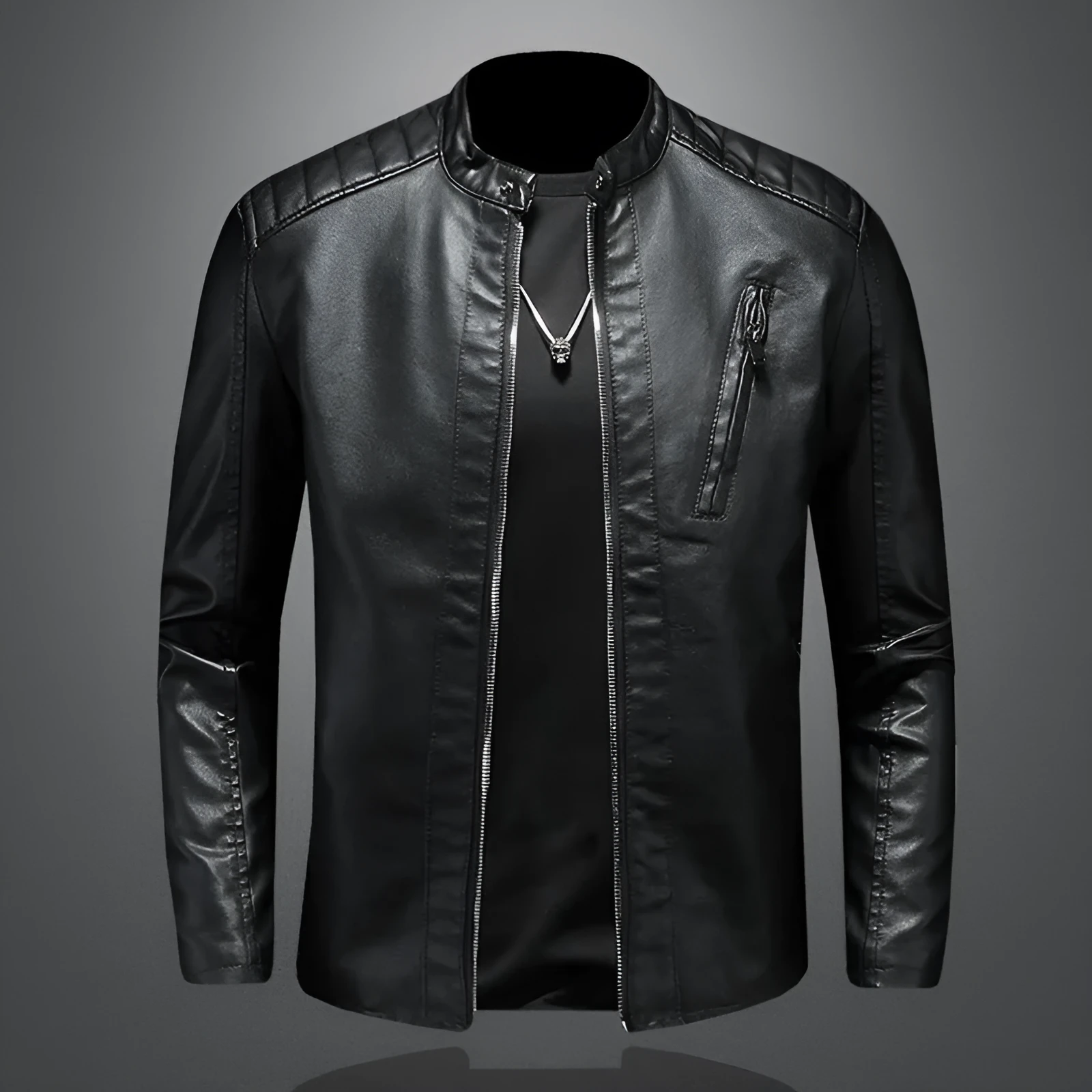 Men's plus size PU leather jacket with stand collar and zipper pockets in black, front view