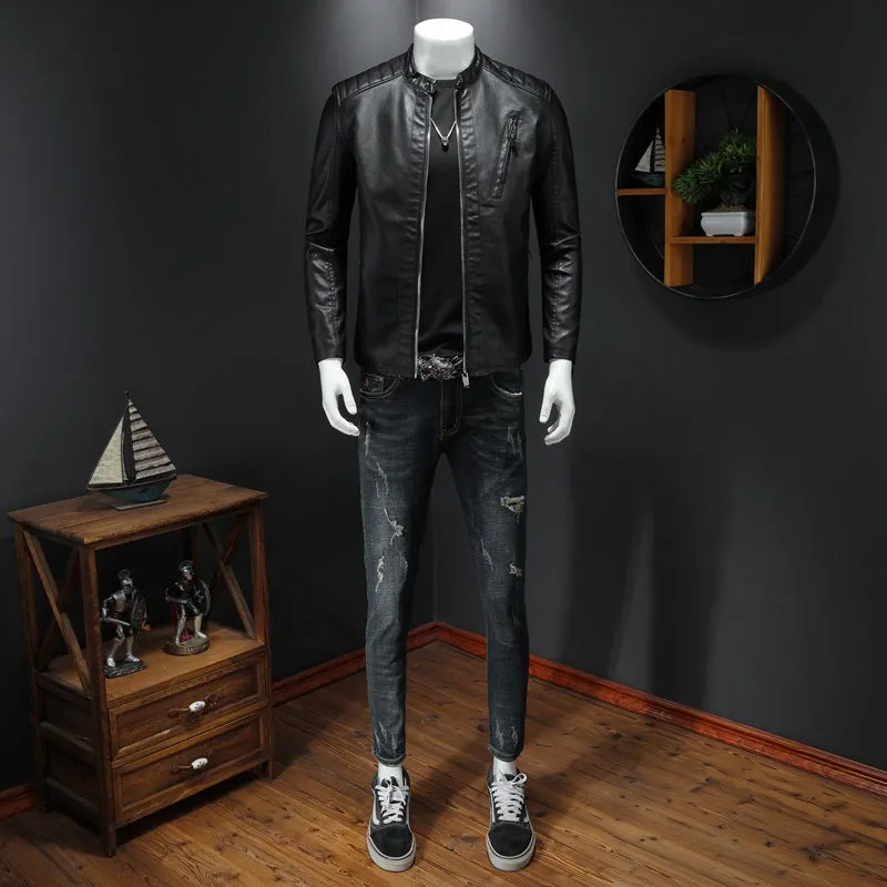 Men's plus size PU leather jacket with stand collar and zipper pockets in black, front view